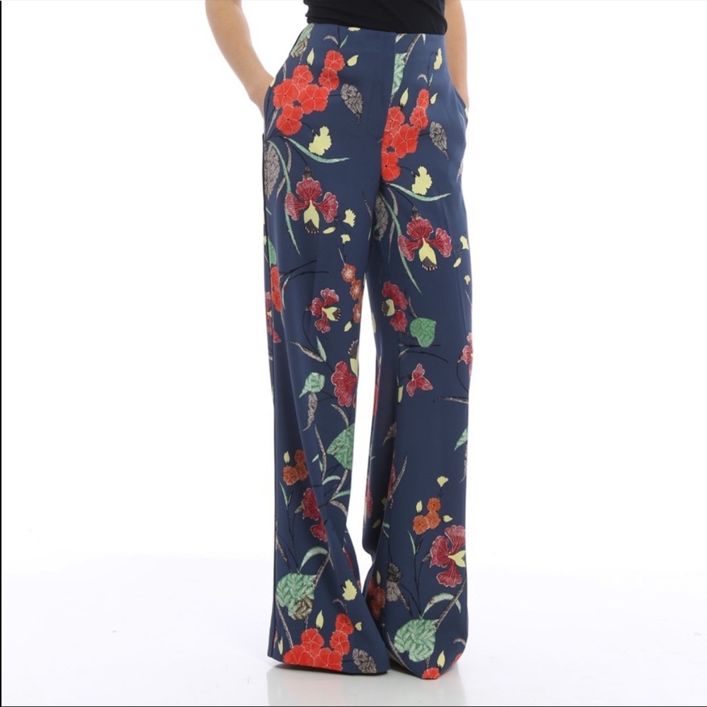 DVF Floral Print Wide Leg Silk Toile Pants